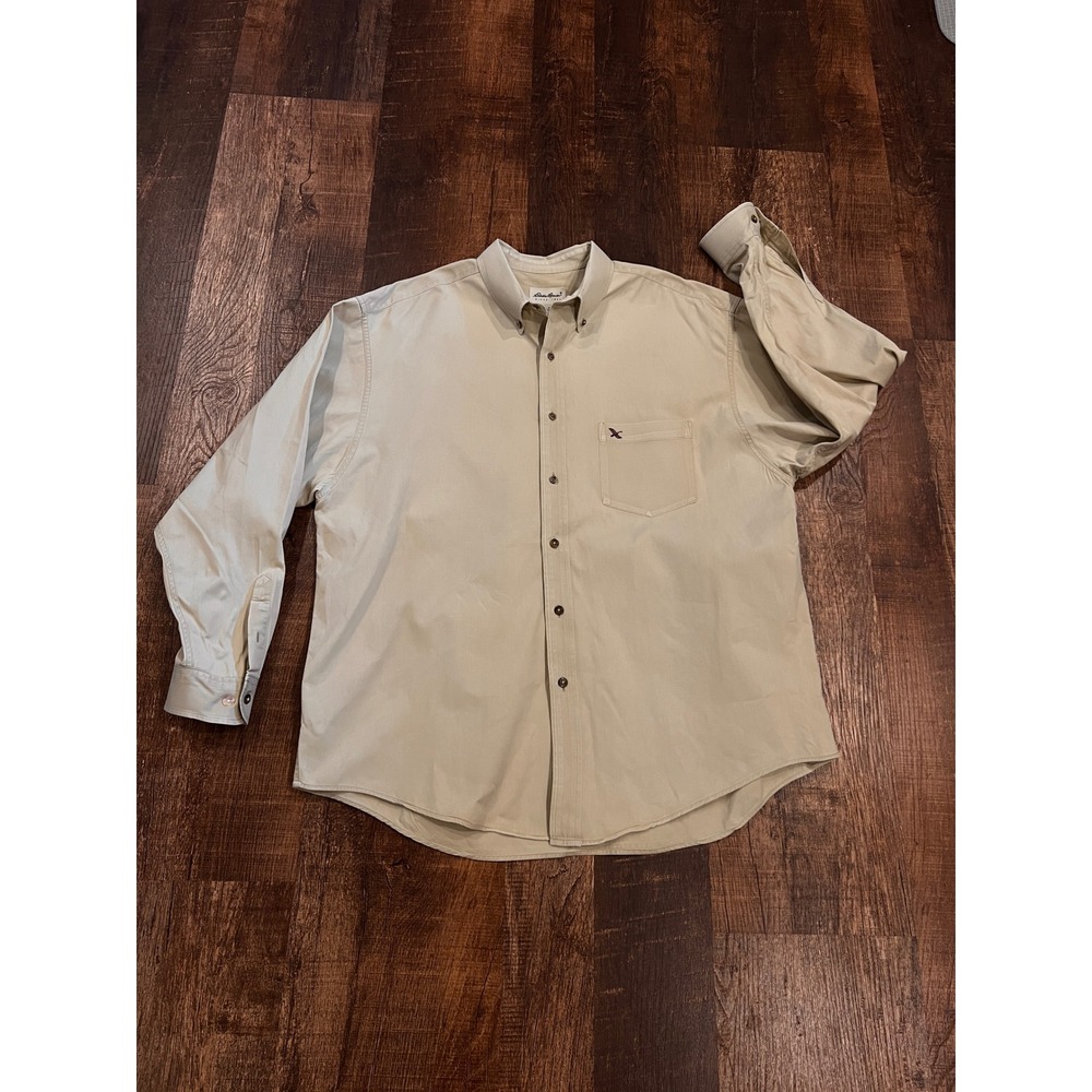Vintage Eddie Bauer Mens XL Khaki Tan Cotton Twill Button Down Shirt Logo